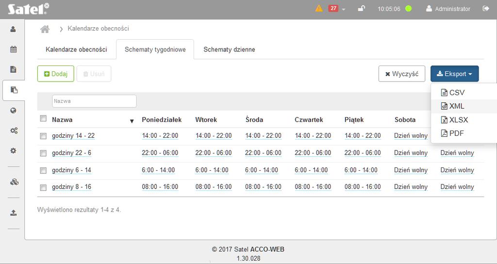 SATEL ACCO-WEB 71 Jeśli skasujesz filtr, pole nad nazwą kolumny stanie się puste, a na stronie wyświetli się pełna lista tygodniowych schematów obecności.