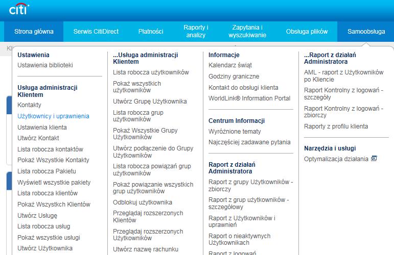 1. Tworzenie nowych Użytkowników z metodą uwierzytelnienia MobilePASS Zaloguj sie do portalu CitiDirect EB i przypisz do definicji