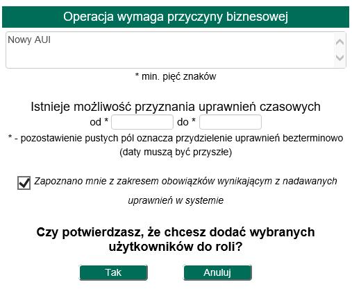 Po zakończeni dodawania nowych Administratorów Uprawnień Instytucji aplikacja AZU zaprezentuje ich poprawne dodanie: W przypadku gdy system stwierdzi, że dla