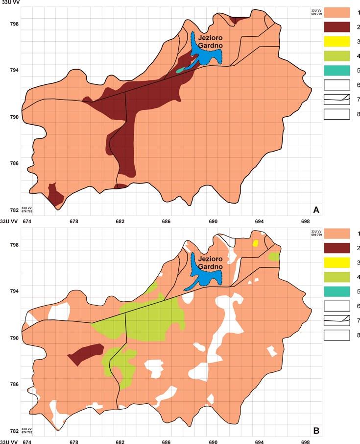 Przegląd Przyrodniczy XXVIII, 3 (2017) Ryc. 2. Fig. 2. Potencjalna (A) i rzeczywista (B) roślinność zlewni jeziora Gardno.