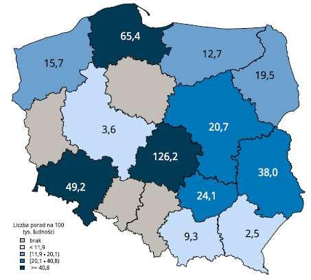 w województwie zachodniopomorskim były dwie poradnie dla osób z autyzmem dziecięcym, które sprawozdały przynajmniej 1 poradę w ramach NFZ w 2014 r. udzielono w nich 0,27 tys.