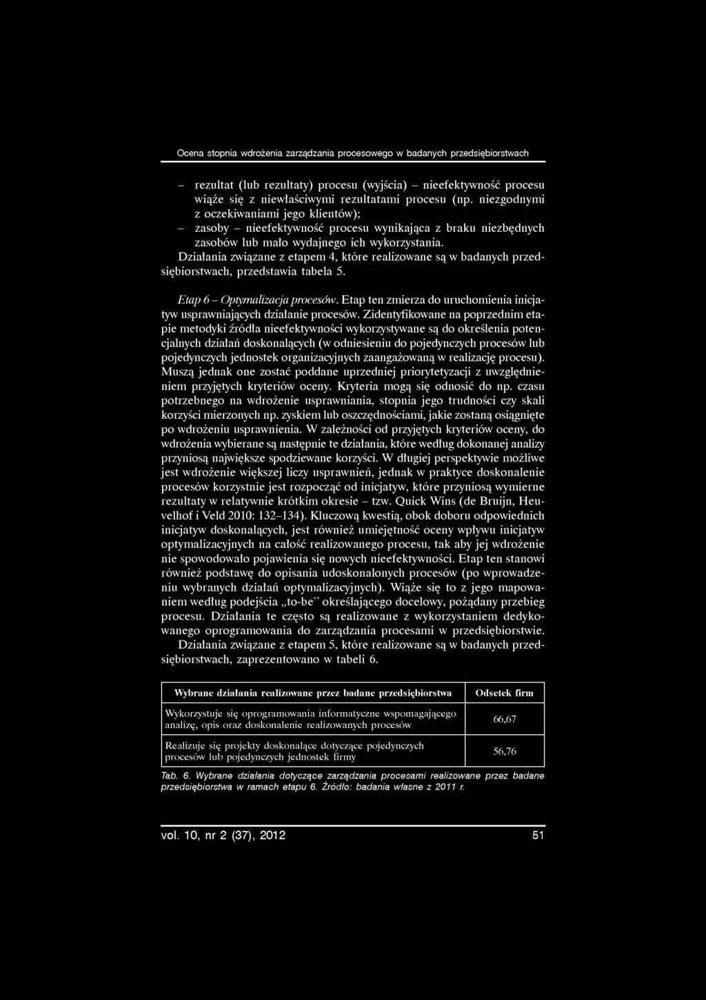 Ocena stopnia wdrożenia zarządzania procesowego w badanych przedsiębiorstwach - rezultat (lub rezultaty) procesu (wyjścia) - nieefektywność procesu wiąże się z niewłaściwymi rezultatami procesu (np.