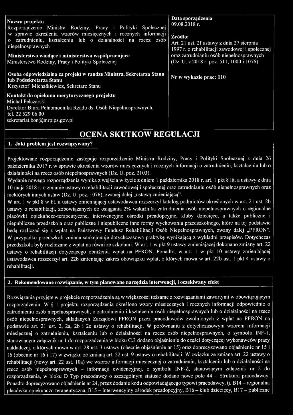 Podsekretarza Stanu Krzysztof Michałkiewicz, Sekretarz Stanu Data sporządzenia 09.08.2018 r. Źródło: Art. 21 ust. 2 f ustawy z dnia 27 sierpnia 1997 r.