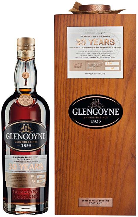 GLENGOYNE GLENGOYNE 30 YEARS OLD HIGHLAND SINGLE MALT SYMBOL SC0027 KOLOR Głęboki bursztyn. NOS Intensywne nuty sherry, wiśnie i rodzynki w czekoladzie, konfitury, delikatne różane aromaty.