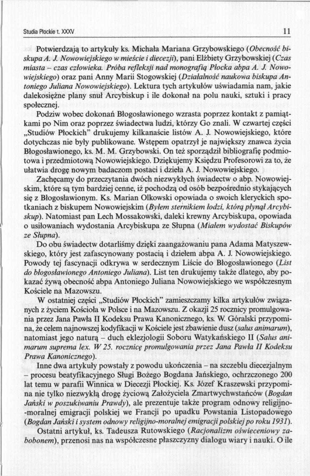 Studia Płockie t. XXXV 11 Potwierdzają to artykuły ks. Michała Mariana Grzybowskiego (Obecność biskupa A. J.