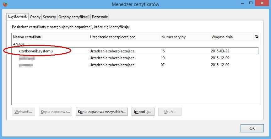 11 Po poprawnym zaimportowaniu na liście certyfikatów będzie widoczny nowo zaimportowany certyfikat W dalszym kroku należy zrestartować przeglądarkę a