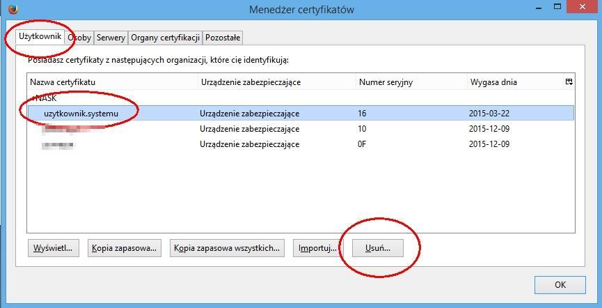 15 3. Usuwanie certyfikatu któremu upłynął termin ważności Każdy certyfikat ma ustawioną datę ważności, po której staje się nieaktualny i zalogowanie do systemu przy jego pomocy będzie niemożliwe.