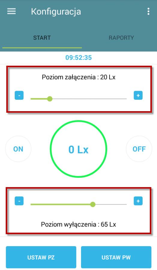 5.4.2 Wyznaczanie poziomu załączeń/włączeń W automacie zmierzchowym ASTfoto poziomy załączenia oraz wyłączenia wyjścia ustawiamy za pomocą podania odpowiedniej wartości mierzonej w luksach.