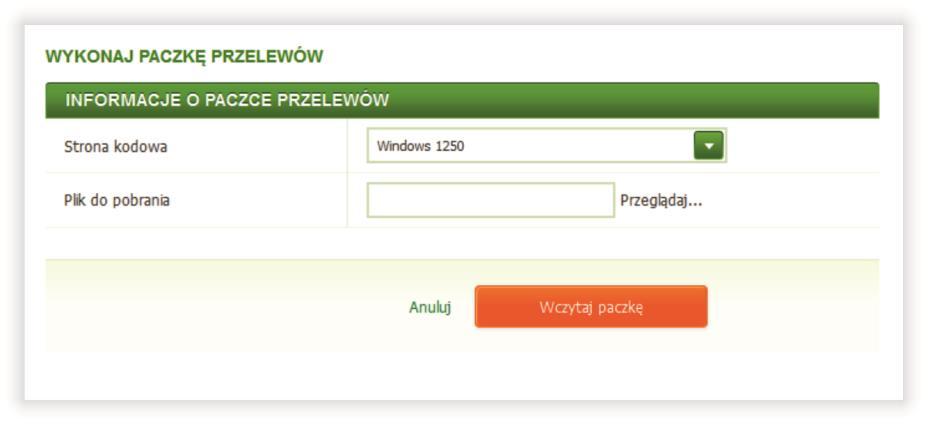 Importowany plik z paczką przelewów powinien spełniać określone poniżej wymagania: - Jego rozmiar nie może być większy niż 5 MB; - Nie może być plikiem zabezpieczonym, zaszyfrowanym ani podpisywanym