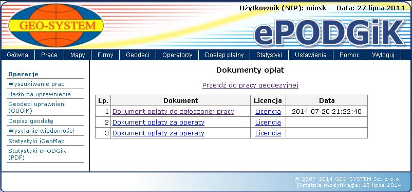 Zakupione operaty stają się automatycznie widoczne przy odpowiedniej pracy geodezyjnej jako materiały dodatkowe w sekcji, gdzie oferowana jest już wtedy możliwość ich pobrana na dysk użytkownika.