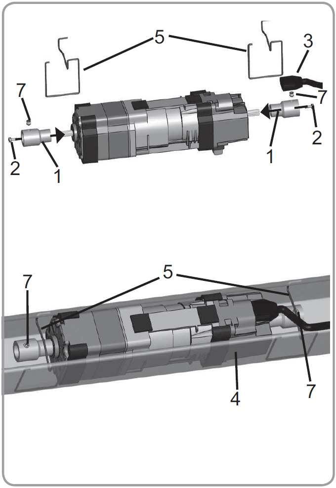 3.3 MontaŜ w szynie 57x51 mm otwartej od góry MontaŜ za pomocą klamer spinających zewnętrznych Zamontować na wałku napędowym 2 adaptery pręta (1) uŝywając dwóch wkrętów M3x8 (2).