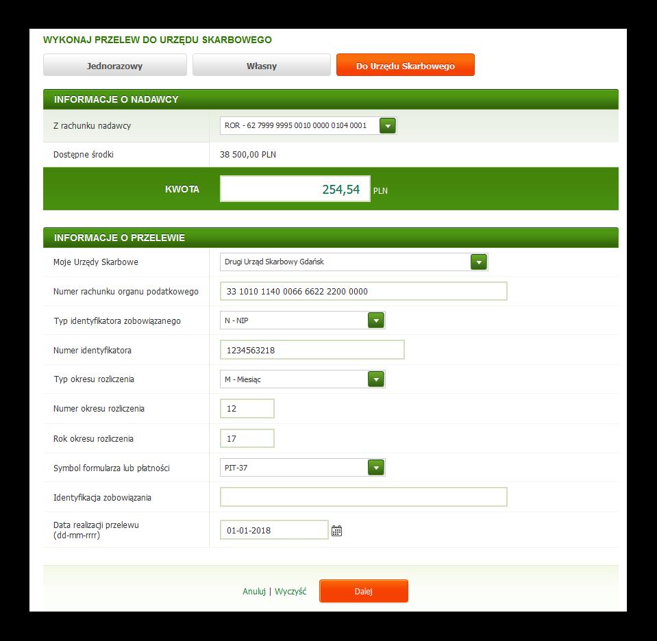 formularz Przelewu. W ramach Informacji o Rachunku Źródłowym: W polu Z rachunku wybierz rachunek źródłowy, z którego ma być zrealizowany Przelew; W polu Kwota wprowadź wartość Przelewu.