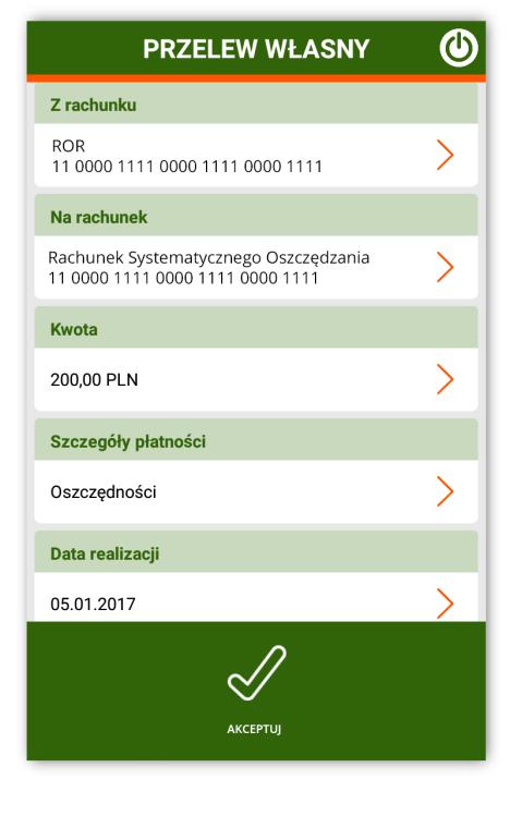 W polu Data realizacji wskaż datę wykonania Przelewu; Wprowadzone dane zatwierdź wybierając przycisk Akceptuj; Wprowadź wskazane Hasło jednorazowe; Komunikat Dyspozycja została przyjęta oznacza, że