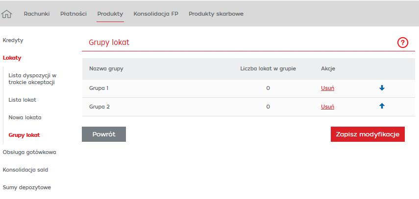 Dzięki możliwości edycji grup lokat Użytkownik może ustalić pozycję wybranej grupy lokaty na liście bądź ją usunąć (akcja Usuń).