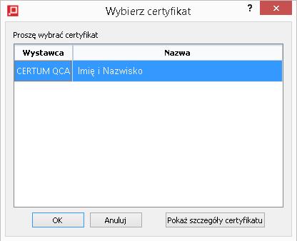 Po wybraniu akcji Dodaj certyfikat w osobnym oknie Comarch Crypto Provider ukazuje się lista dostępnych certyfikatów (certyfikat musi być włożony do czytnika, aby możliwe