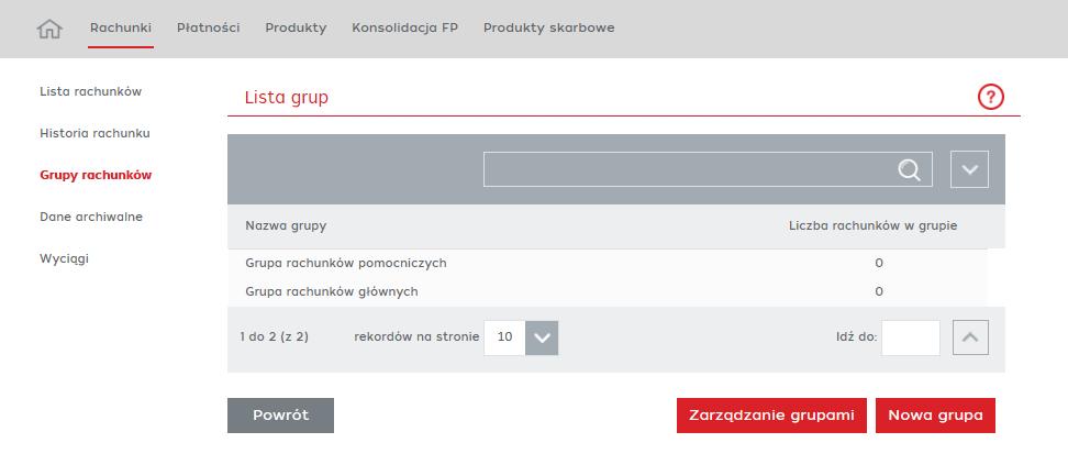 Grupy rachunków Na ekranie dostępne są następujące akcje: Zarządzanie grupami przycisk przełącza grupę w tryb edycyjny (przycisk prezentowany dla użytkowników posiadających odpowiednie uprawnienia).