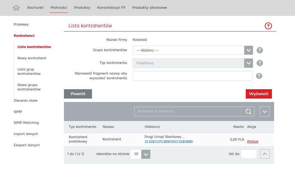 8.4.2 Wyszukiwanie kontrahentów Funkcjonalność znacznie skracająca i ułatwiająca proces tworzenia przelewu podatkowego.