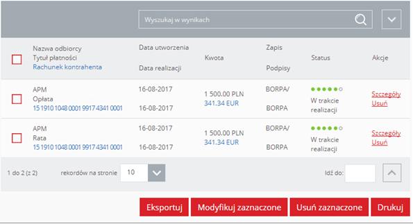 Usuń akcja powoduje usunięcie wybranego zlecenia. Modyfikuj akcja powoduje przejście do ekranu modyfikacji zlecenia.