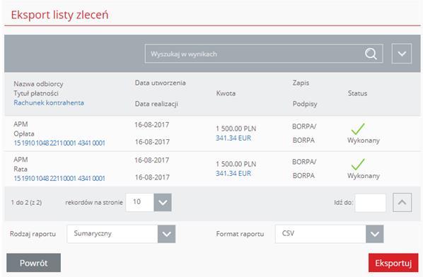 Pod listą zleceń prezentowane są następujące: Rodzaj raportu lista rodzajów raportu: Sumaryczny Szczegółowy Sumaryczny paczka Eksport listy zleceń Format raportu - lista formatów eksportu (PDF dla