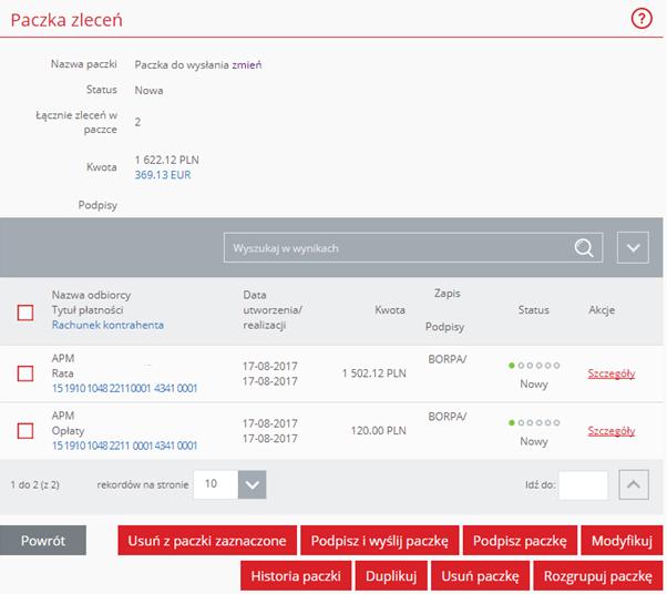 Szczegóły paczki Po wybraniu akcji Szczegóły zaprezentowana zostaje formatka ze szczegółowymi informacjami dotyczącymi wybranej paczki oraz listą zleceń wchodzących w skład paczki.