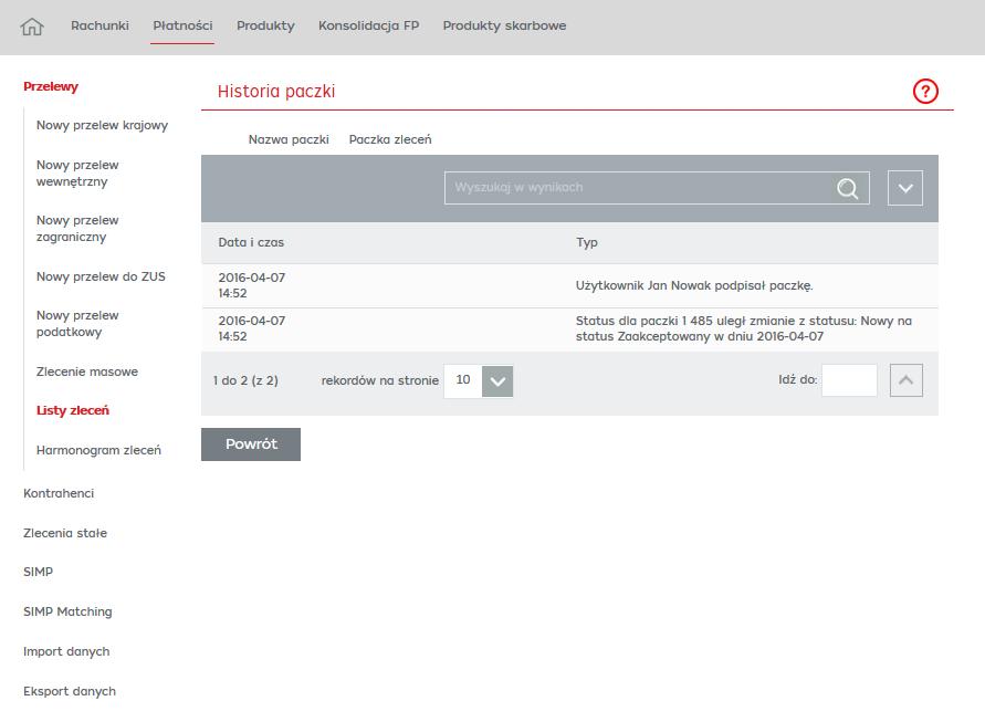 Powrót kliknięcie przycisku skutkuje przejściem do formatki Lista zleceń. 8.15.5 Historia paczki Funkcjonalność umożliwia użytkownikowi podgląd historii wybranej paczki.