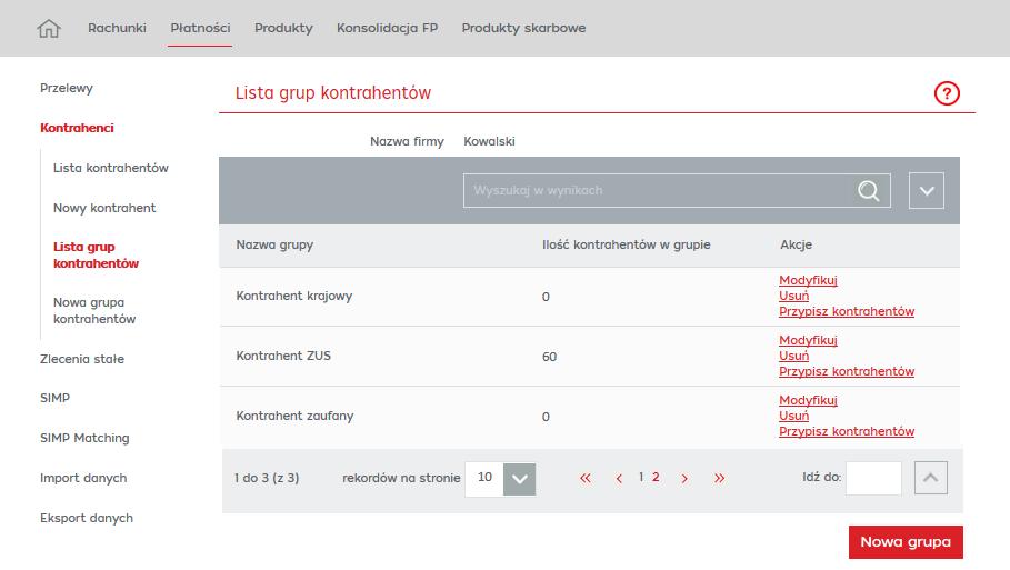 Lista grup kontrahentów Na formatce prezentowane są następujące akcje: Modyfikuj skutkuje przejściem do formatki modyfikacji nazwy grupy. Usuń skutkuje usunięciem grupy.