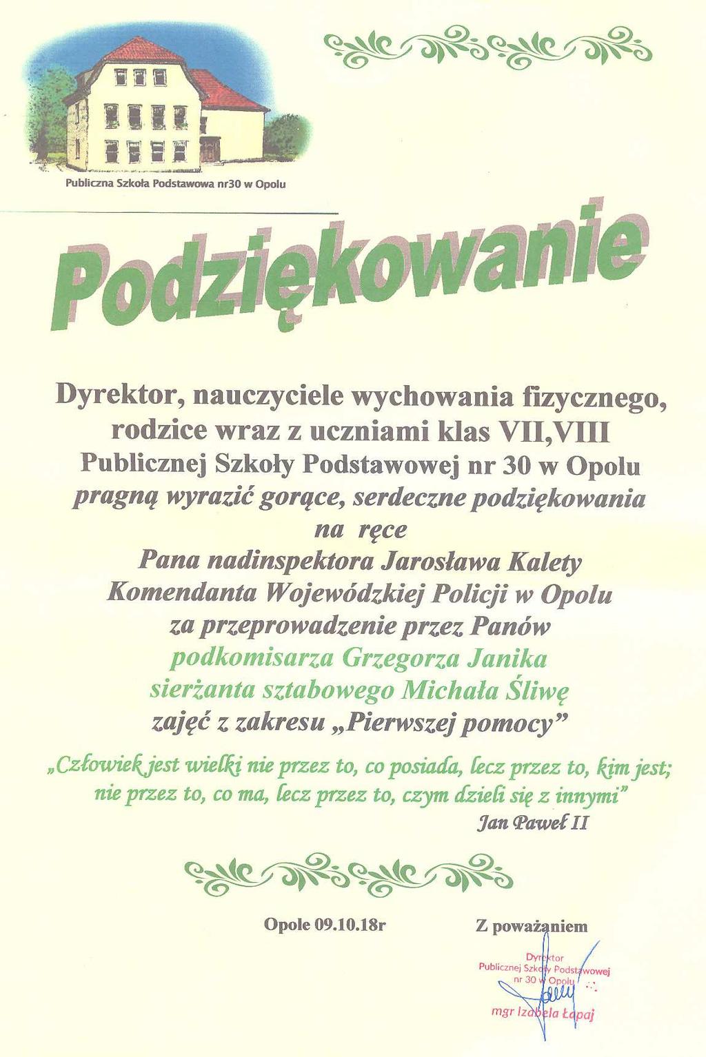 Podziękowanie od Komendanta Głównego Policji gen. insp. Jarosława Szymczyka za efektywną współpracę z Towarzystwem Opieki nad Zwierzętami, oddział Opole.