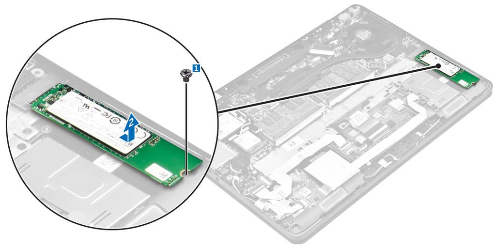 Instalowanie dysku SSD 1. Umieść dysk SSD w złączu na płycie systemowej. 2. Dokręć śrubę mocującą dysk SSD do komputera. 3. Zainstaluj następujące elementy: a. akumulator b. pokrywa dolna 4.