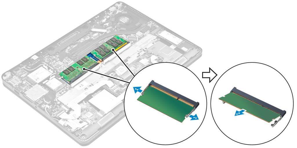 Instalowanie modułu pamięci 1. Włóż moduł pamięci do gniazda modułu pamięci aż zatrzaski zamocują moduł pamięci na swoim miejscu. 2. Zainstaluj następujące elementy: a. akumulator b. pokrywa dolna 3.