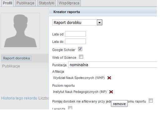 Tworzenie Raportu dorobku 4 Żeby zrobić poprawny wykaz należy zastąpić aktualną jednostkę z pola Poziom raportu inną lub podać jednostkę wyższą w hierarchii: