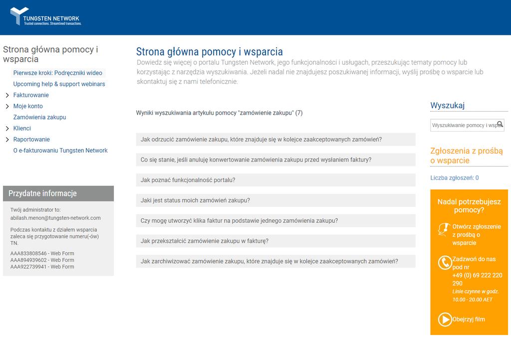 Artykuły pomocy są niezwykle przydatne podczas wyszukiwania szczegółowych informacji na temat usług Tungsten Network i/lub funkcji portalu.