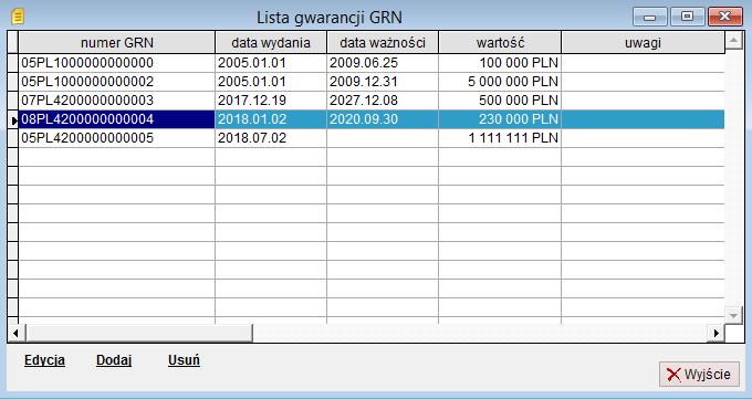 3 Definicja gwarancji (GRN) Program pozwala na prowadzenie rejestru dla różnych numerów GRN.