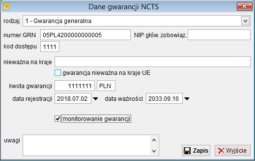 Do pól określających dane gwarancji należy wpisać dane identyfikacyjne gwarancji.