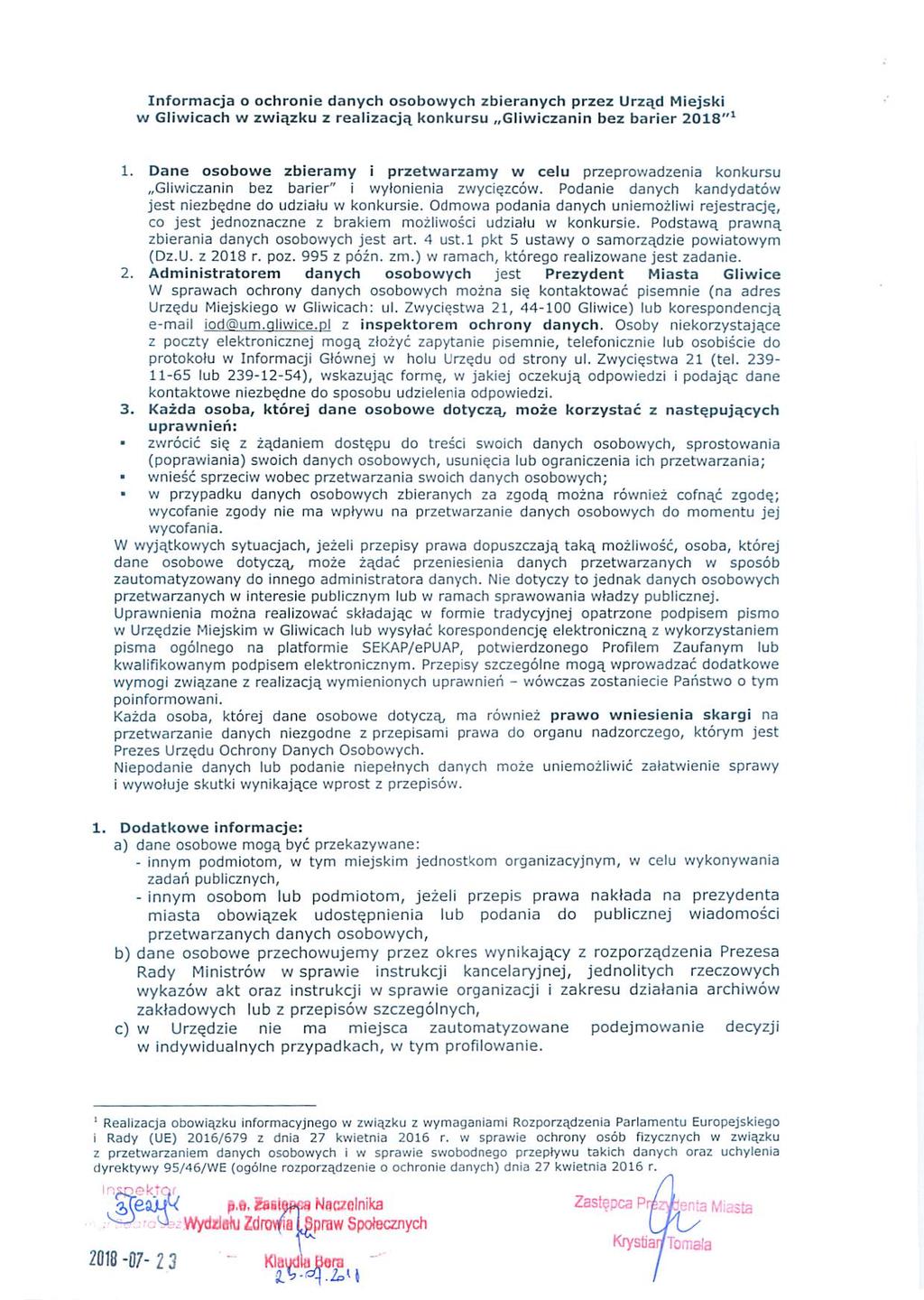 Informacja o ochronie danych osobowych zbieranych przez Urząd Miejski w Gliwicach w związku z realizacją konkursu Gliwiczanin bez barier 2018"* 1.