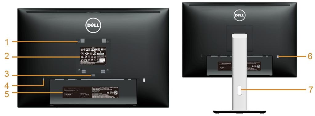 Widok z tyłu Widok z tyłu z podstawą monitora Etykieta Opis Użyj 1 Otwory montażowe VESA (100 mm x 100 mm - za podłączoną pokrywą podstawy) 2 Etykieta z oznaczeniami prawnymi 3 Przycisk odłączania