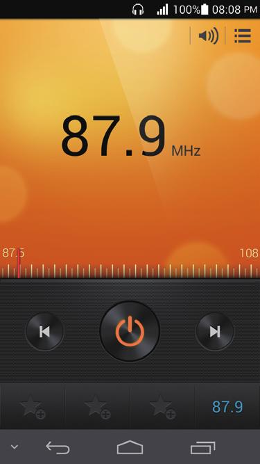 Narzędzia podstawowe Słuchanie stacji radiowych Na ekranie Radio FM można wykonać następujące czynności: 1 2 6 3 5 4 1 Dotknij ikony, aby wyświetlić listę stacji radiowych.