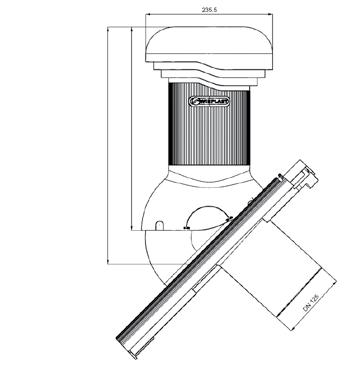 235 5 440 377 D 125 / D 150 E R Wentylator dachowy z odpływem kondensatu wirnik standard + wirnik eco cicha praca wbudowana poziomica 0-50 odpływ kondensatu kąt nachylenia D 125/ 440mm Typ przejścia