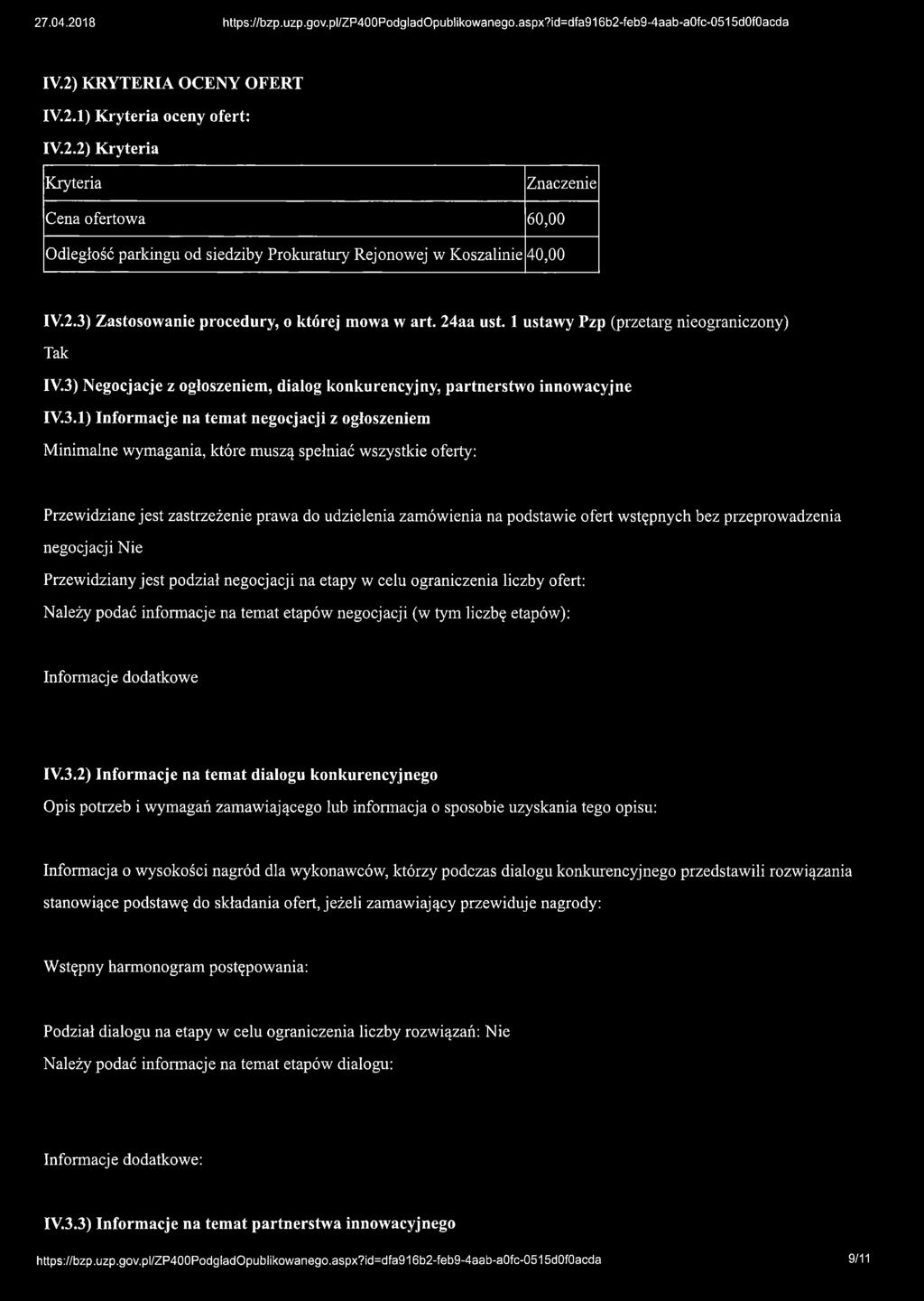 Negocjacje z ogłoszeniem, dialog konkurencyjny, partnerstwo innowacyjne IV.3.