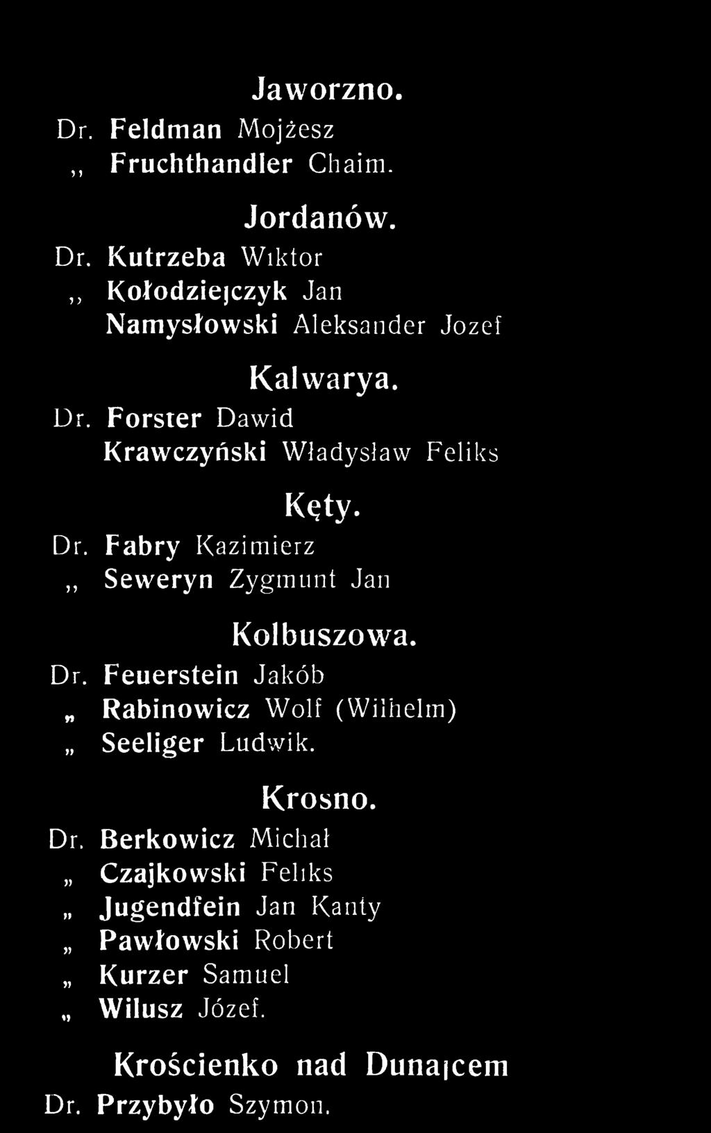 Krosno. Dr. Berkowicz Michał Czajkowski Feliks Jugendfein Jan Kanty Pawłowski Robert Kurzer Samuel Wilusz Józef.