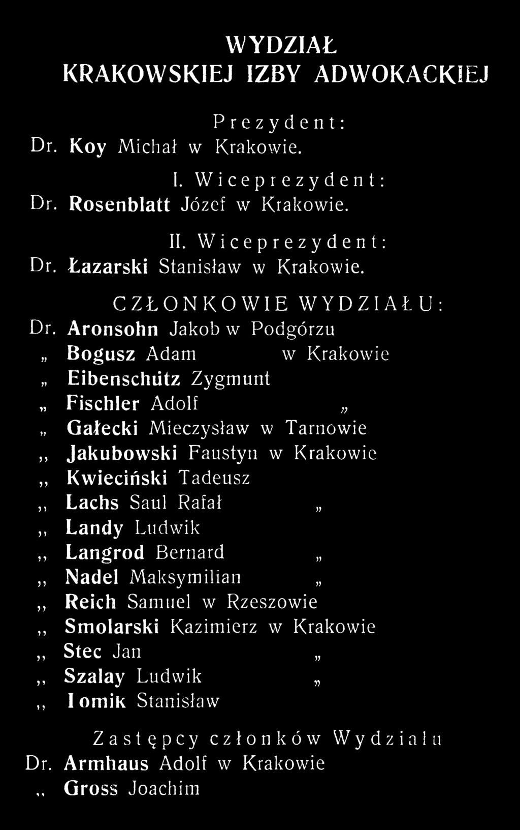 Aronsohn Jakob w Podgórzu Bogusz Adam w Krakowie Eibenschiitz Zygmunt Fischler Adolf ;; Gałecki Mieczysław w Tarnowie Jakubowski Faustyn w Krakowie