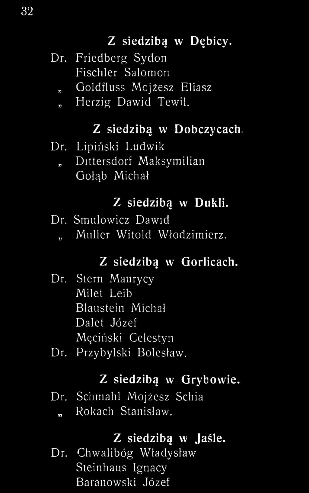 Z siedzibą w Gorlicach. Dr. Stern Maurycy Milet Leib Blaustein Michał Dalet Józef Męciński Celestyn Dr. Przybylski Bolesław.