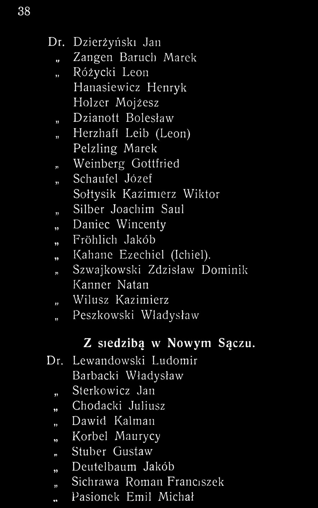 Weinberg Gottfried Schaufel Józef Sołtysik Kazimierz Wiktor Silber Joachim Saul Daniec Wincenty Fróhlich Jakób Kahane Ezechiel (Ichiel),