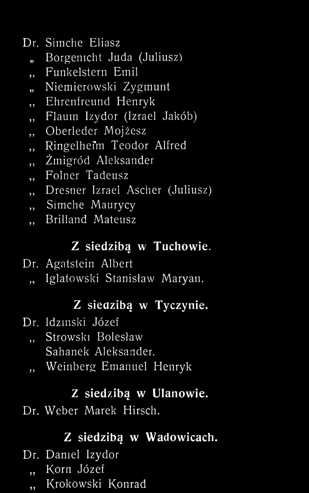 siedzibą w Tuchowie. Dr. Agatstein Albert,, Iglatowski Stanisław Mary atu Z siedzibą w Tyczynie. Dr. Idzmski Józef,, Strowski Bolesław Sahanek Aleksander.