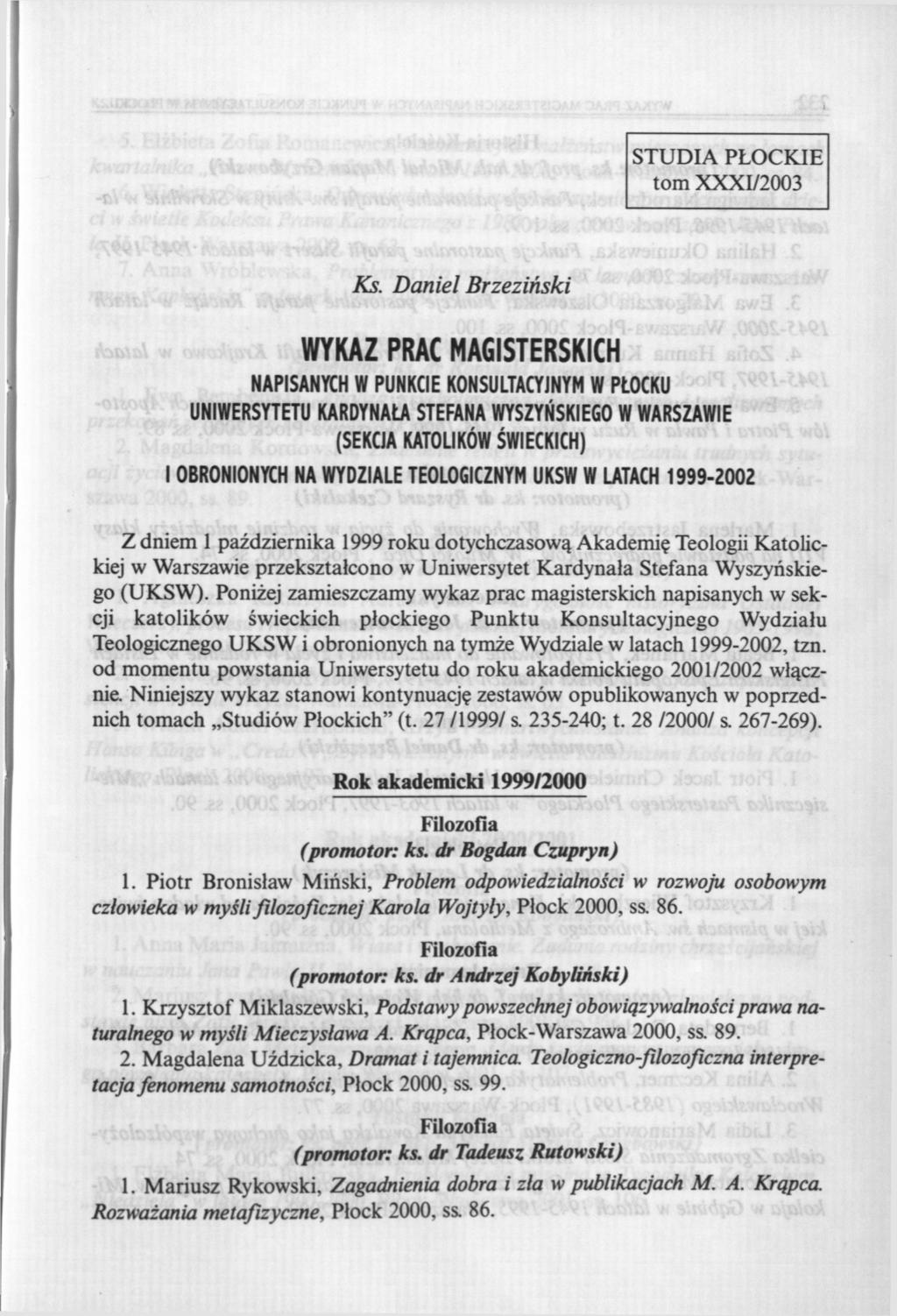 STUDIA PŁOCKIE tom XXXI/2003 Ks.