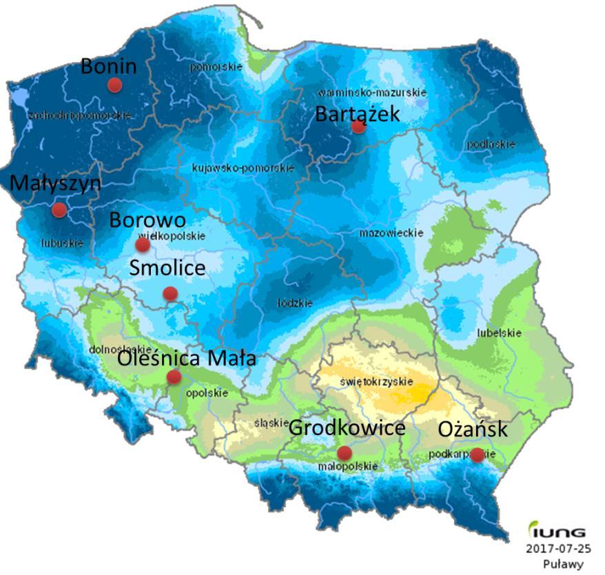 Ocena naturalnego porażenia roślin odmian zbóż w szkółkach przez septoriozy liści i plew Geograficzne lokalizacje szkółek septoriozy nałożone na mapę bilansu wodnego