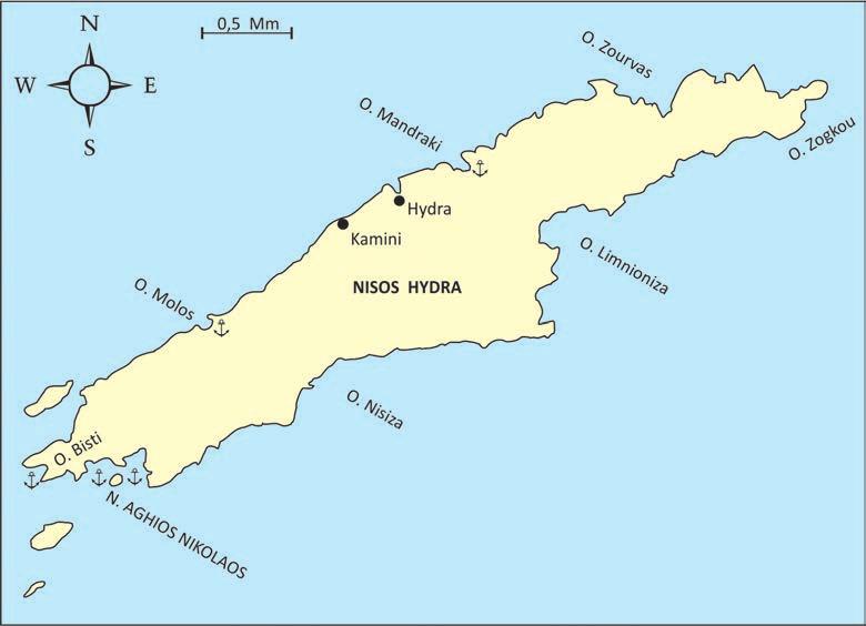 84 Grecja dla żeglarzy. Tom 1. Zatoka Sarońska... Hydra, Idhra, Idra, Ydra Tak jak podczas rejsu po Cykladach obowi zkowym punktem programu jest Santorini, tak na tym akwenie jest to Hydra.