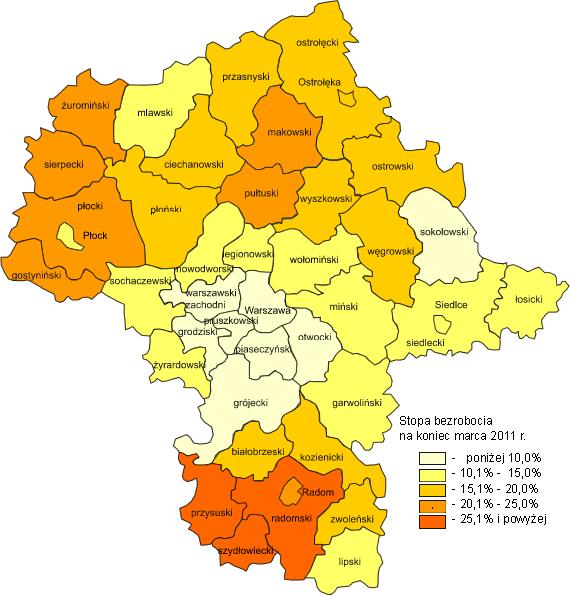 W odniesieniu do marca 2010 r. stopa bezrobocia dla ojeództa zrosła o 0,4 punktu procentoego ( kraju o 0,1 punktu procentoego).