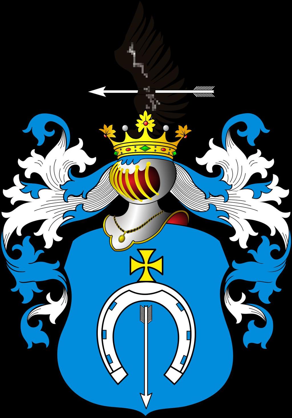 Herb Dołęga Opis herbu: W polu błękitnym krzyż podkowa srebrna z krzyżem kawalerskim złotym na barku, między ocelami rogacina opierzona srebrna na opak; klejnot skrzydło czarne przeszyte strzałą w