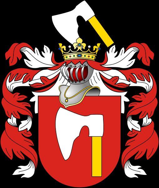 Herb Topór W czerwonym polu pionowo umieszczony topór srebrny, ze złotym toporzyskiem. Głownia zwrócona w prawą stronę herbową. Jednak na przedstawieniu ze Świętego Krzyża, czy Kraśnika topór poziomy.
