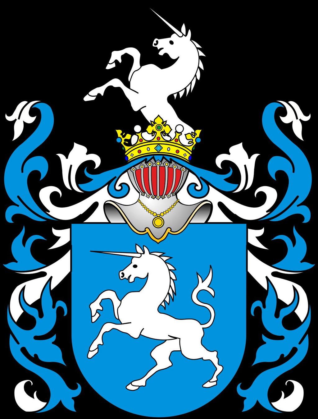 Herb Bończa Opis herbu: W polu błękitnym jednorożec wspięty srebrny. W klejnocie pół wspiętego jednorożca srebrnego. Historia herbu: Herb pochodzenia włoskiego, najstarszy zapis z roku 1396.